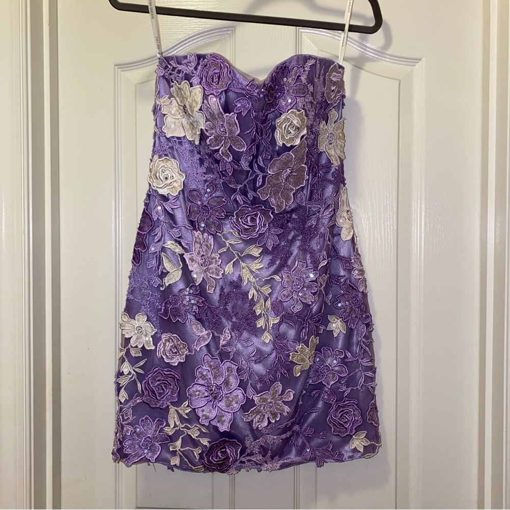 Sherri Hill. Purple, Floral, homecoming dress.